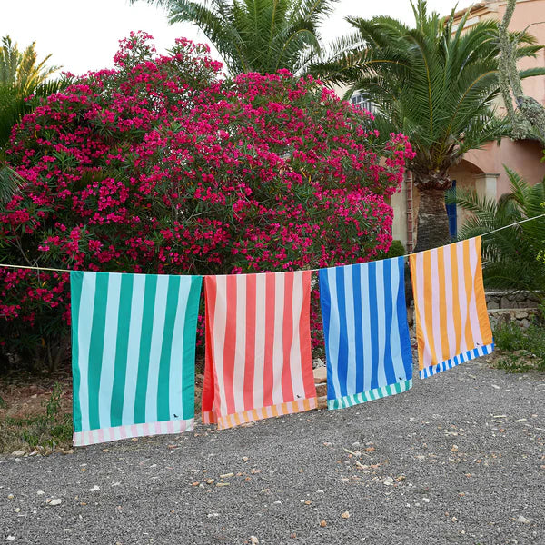 Colorful striped beach towels hanging on a line with pink flowers and greenery in the background.