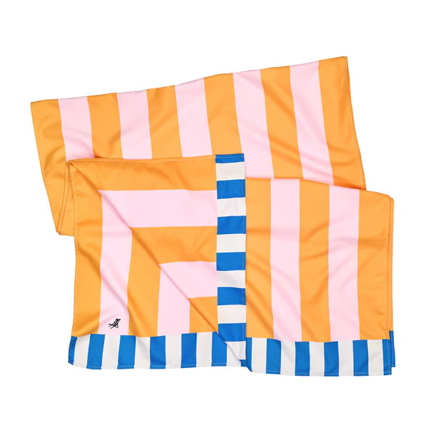 Folded fabric with orange, pink, and blue striped pattern on a white background