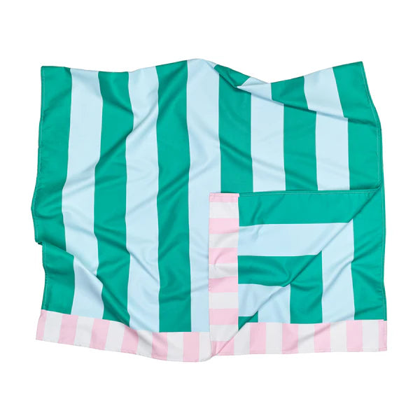 Striped blanket with green, light blue, and pink stripes on a white background