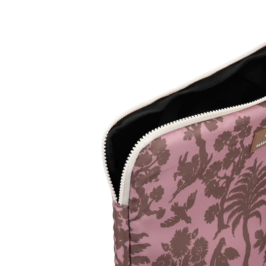 Close-up of a pink floral patterned pouch with a zipper on a white background
