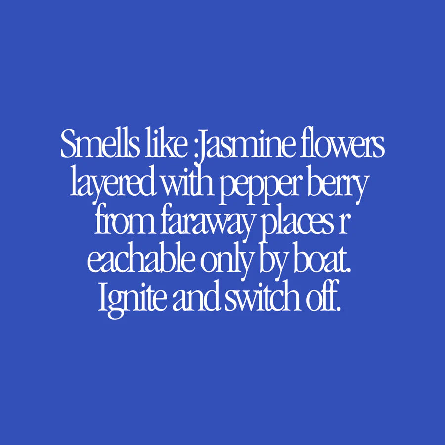 Text on a blue background describing a scent with poetic language.