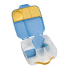 Blue and yellow plastic container with compartments on a white background