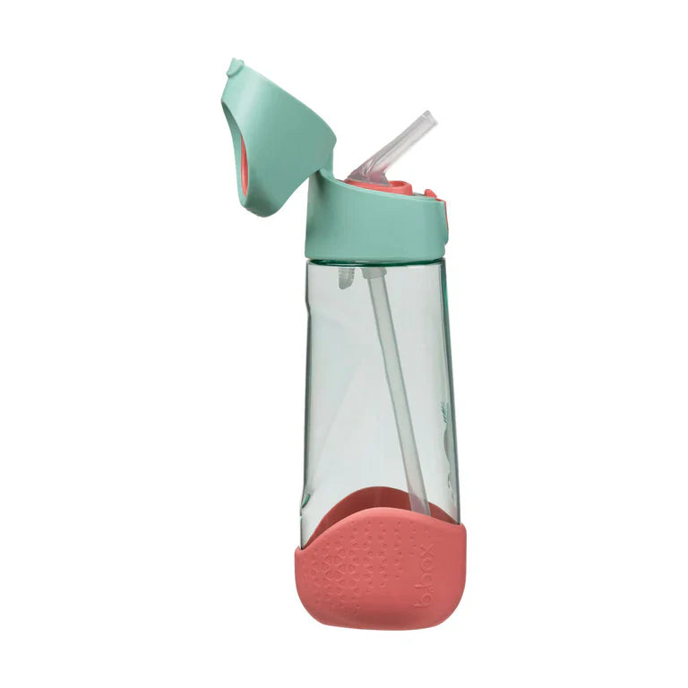 Clear water bottle with a pink base and green lid on a white background