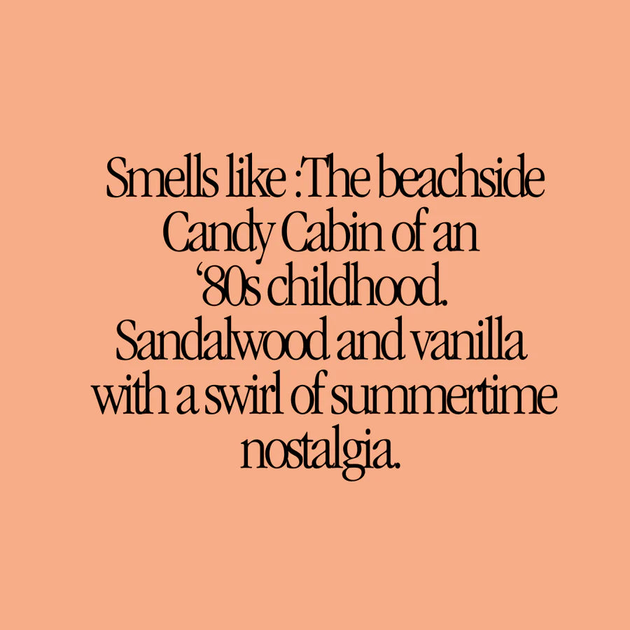 Text on a peach background describing a nostalgic scent of sandalwood and vanilla.
