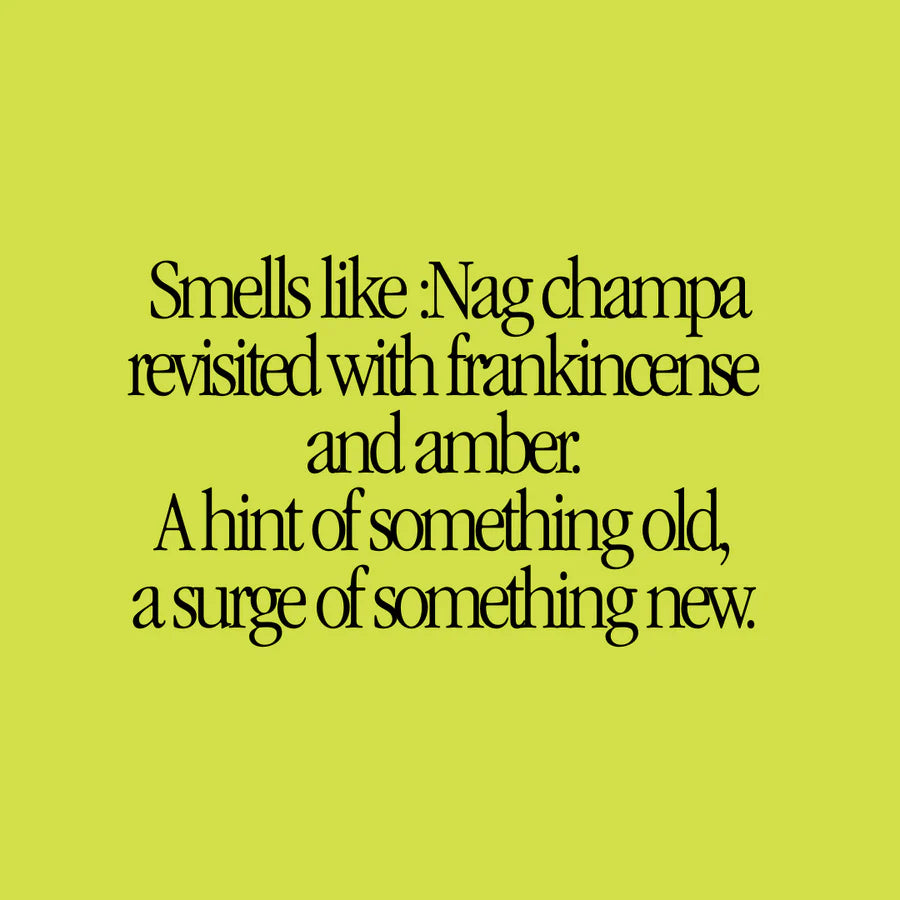 Text on a yellow background describing a fragrance with words like 'Nag champa', 'frankincense', and 'amber'.