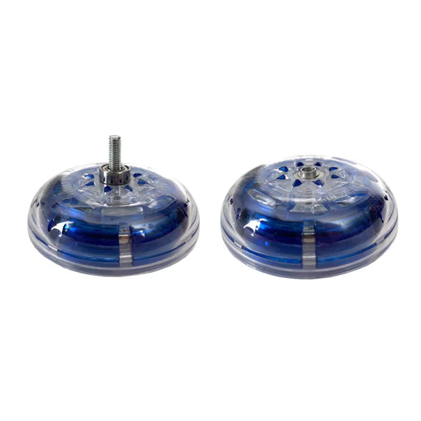 Two blue transparent circular objects with screws on a white background