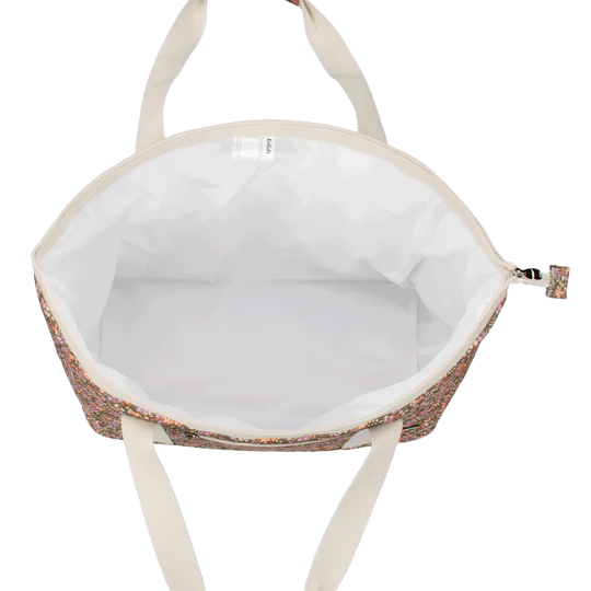 Inside of a cooler bag  with a white interior on a white background