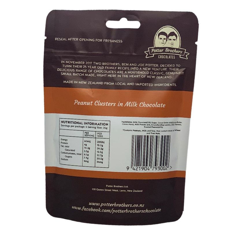 Back of a chocolate packaging with branding and nutritional information.