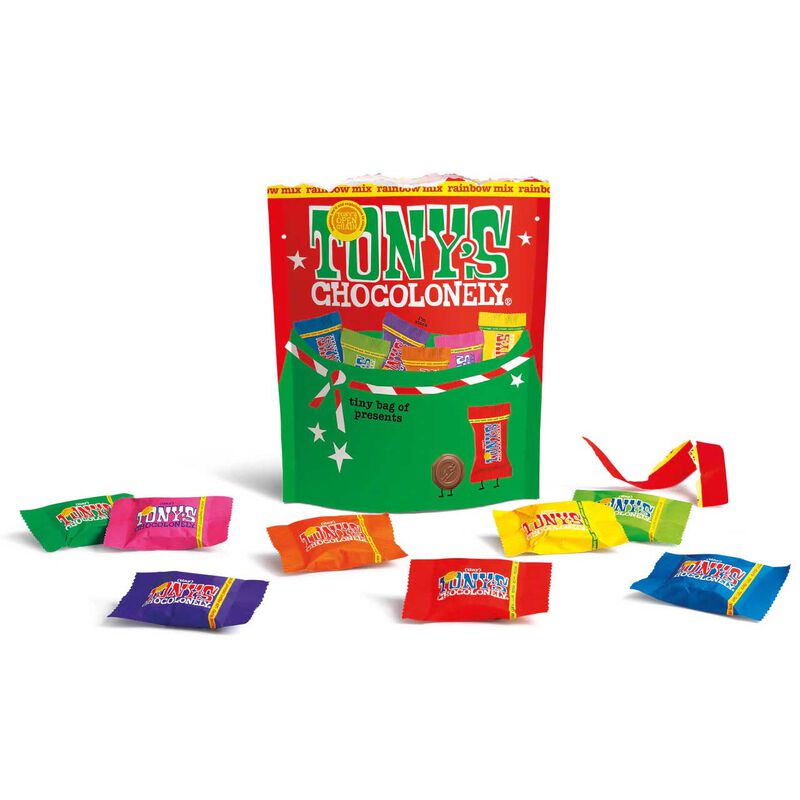 Tony's Chocolonely candy packaging with colorful bars on a white background