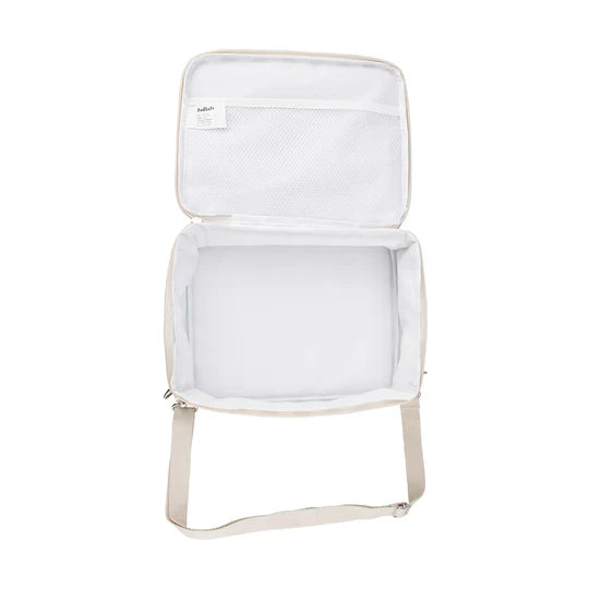 White travel bag with a strap on a white background