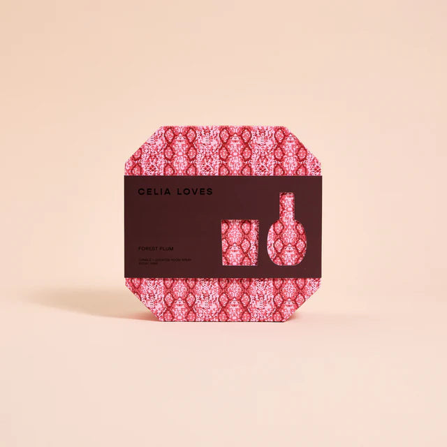 Product packaging with red pattern and 'Celia Loves' branding on a beige background