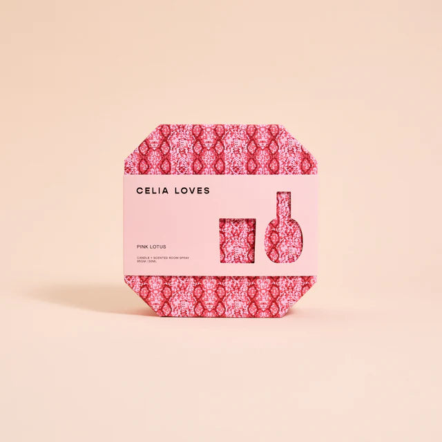 Pink packaging with 'Celia Loves' branding on a beige background