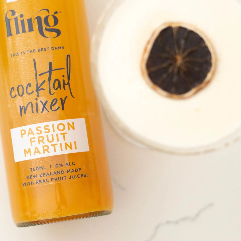 Fling cocktail mixer for passion fruit martini on a white background
