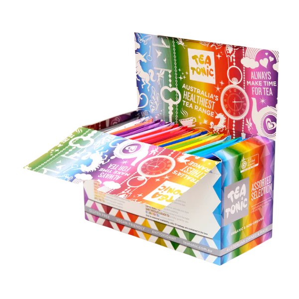 Colorful box of Tea Tonic tea bags on a white background