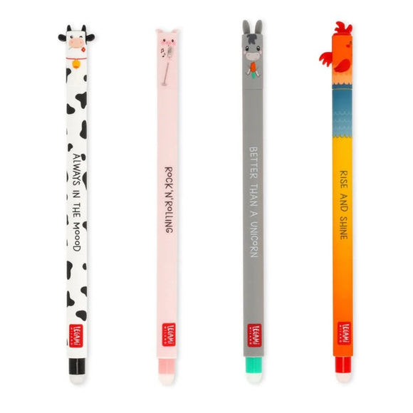 Set of five novelty pens with unique designs on a white background