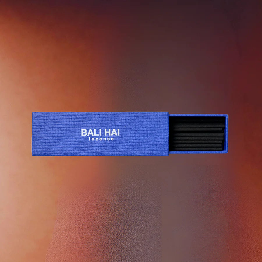 Blue incense box with 'Bali Hai' branding on a gradient background
