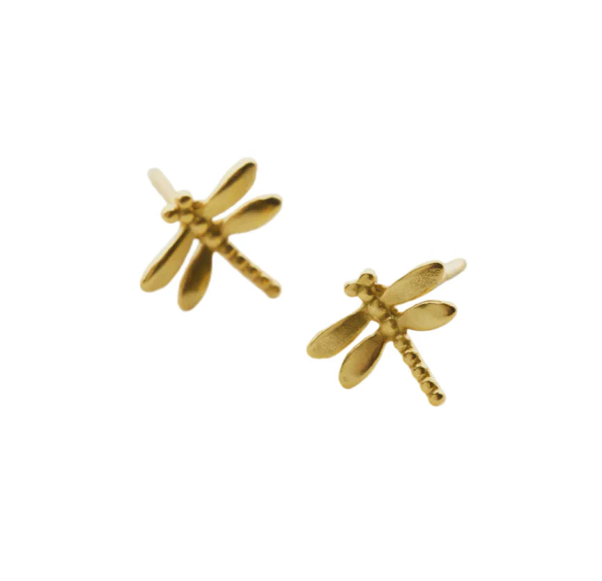 Gold dragonfly-shaped earrings on a white background
