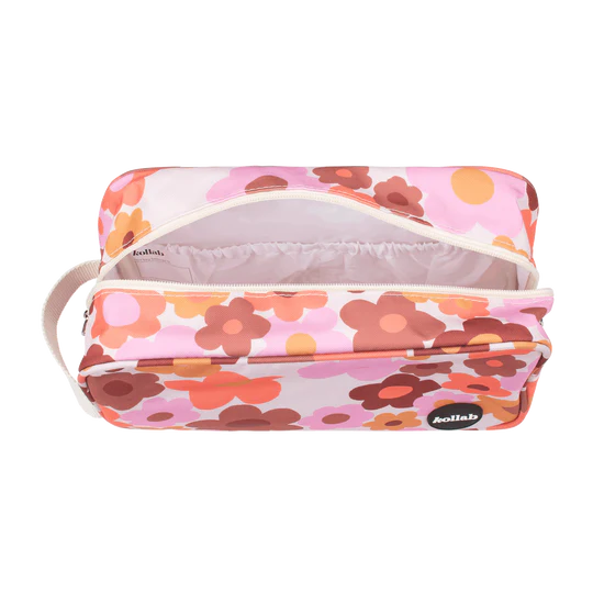 Floral patterned pouch with a visible brand logo on a white background