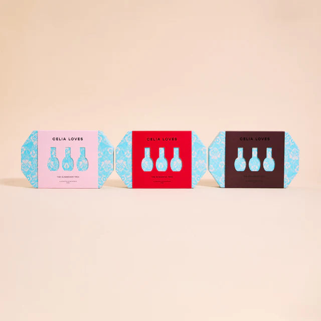 Three small boxes with different color schemes and 'Celia Loves' branding on a beige background.