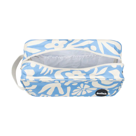 Blue and white floral patterned pouch with a visible brand logo on a white background