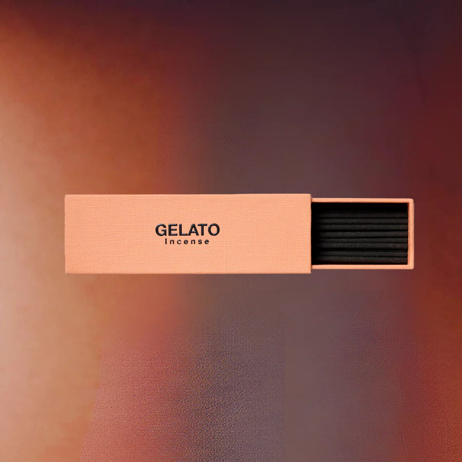 Gelato Incense box with black incense sticks on a gradient background