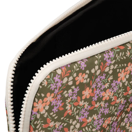 Floral patterned pouch with a zipper on a white background