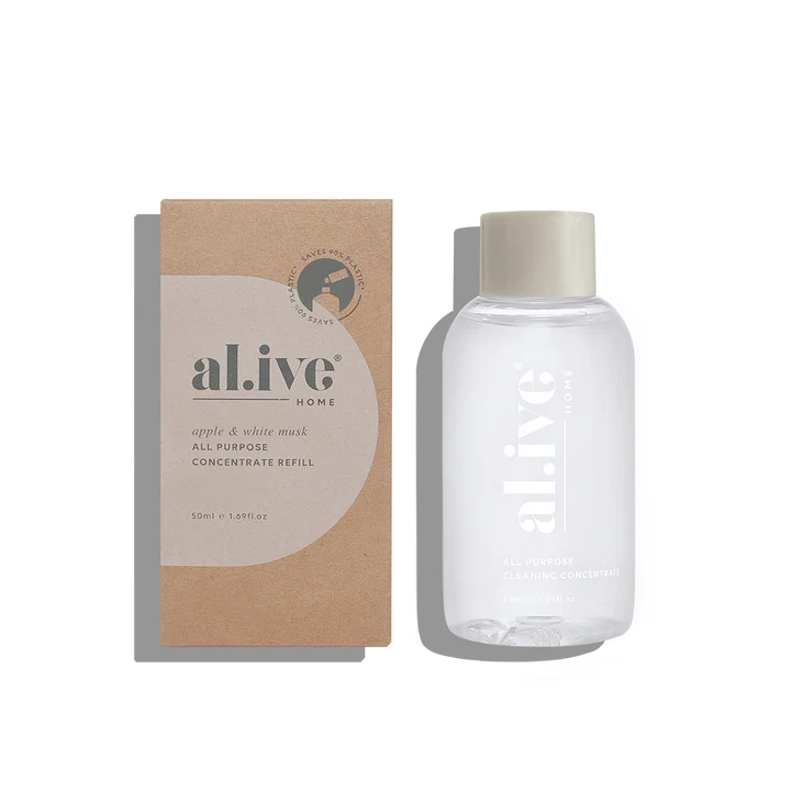 Clear bottle with beige cap and 'alive' packaging on a white background