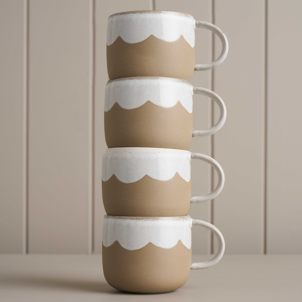 A set of four stacked brown ceramic mugs with a dipped edge and inner with white glaze and a scalloped edge against a grey panel background  
