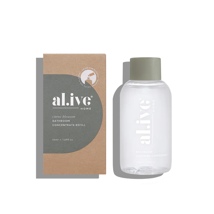Clear bottle with green cap and 'al.ive' packaging on a white background