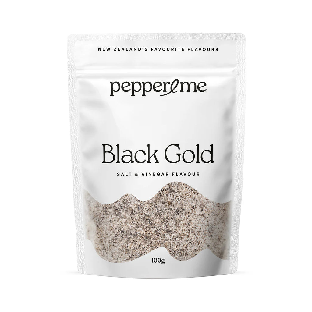 Pepperme Black Gold salt & vinegar flavor packaging on a white background