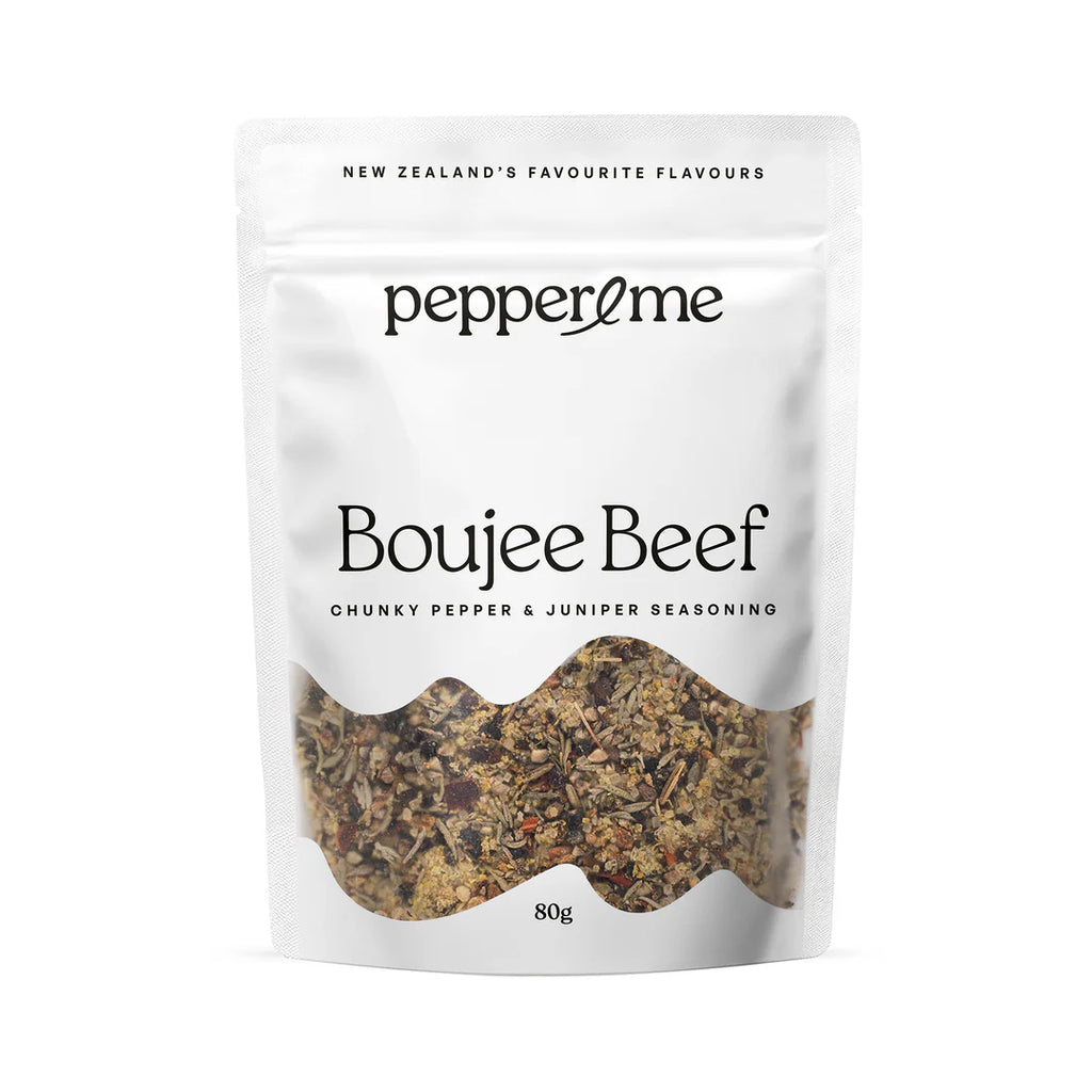 Packaging of Pepper & me Boujee Beef seasoning on a white background