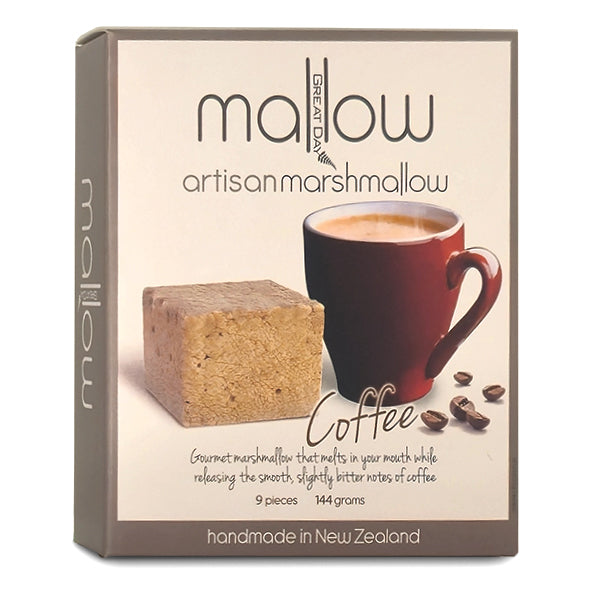 Box of mallow artisan marshmallow with coffee flavor on a white background