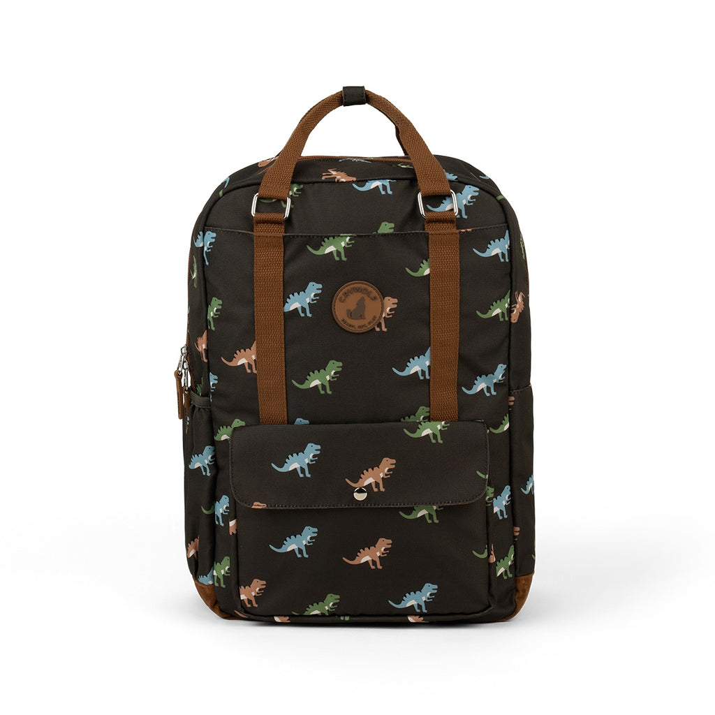 Black backpack with dinosaur pattern on a white background