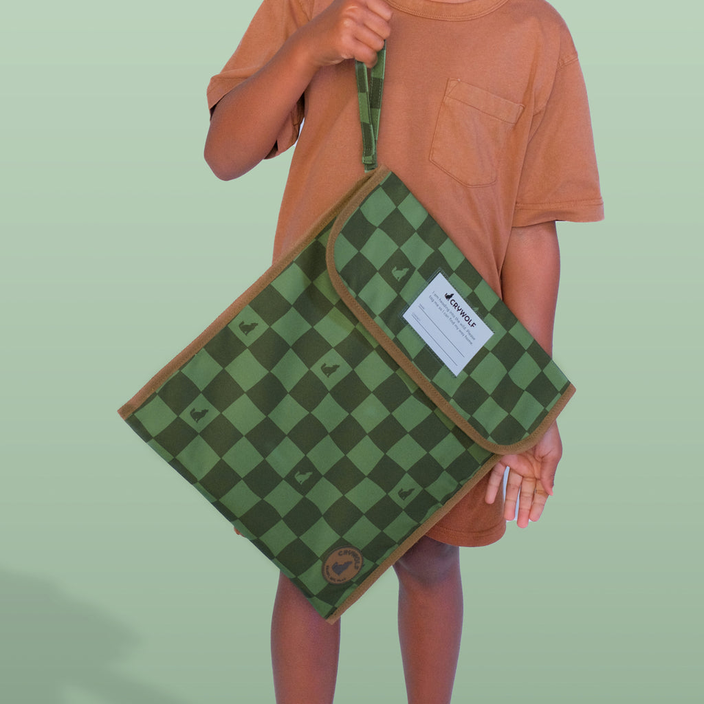 Person holding a green checkered bag against a light green background