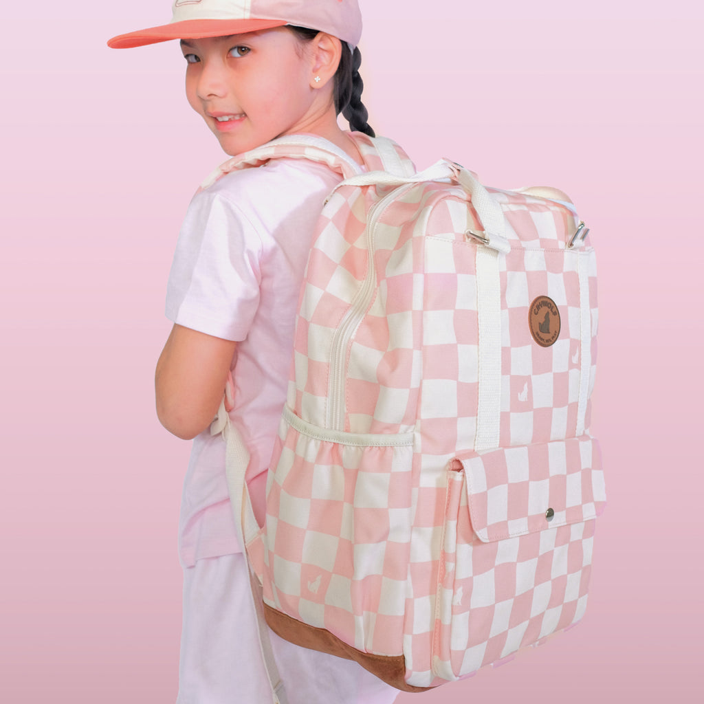 Person wearing a pink and white checkered backpack on a pink background