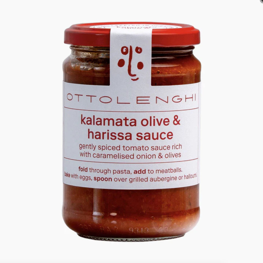 Ottolenghi Kalamata Olive & Harissa Sauce 350g in a glass jar with a white label