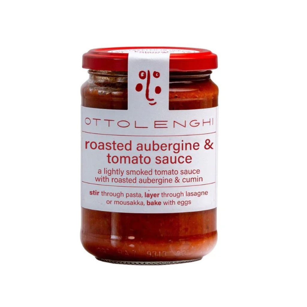 Ottolenghi Roasted Aubergine & Tomato Sauce in  a glass jar with white label