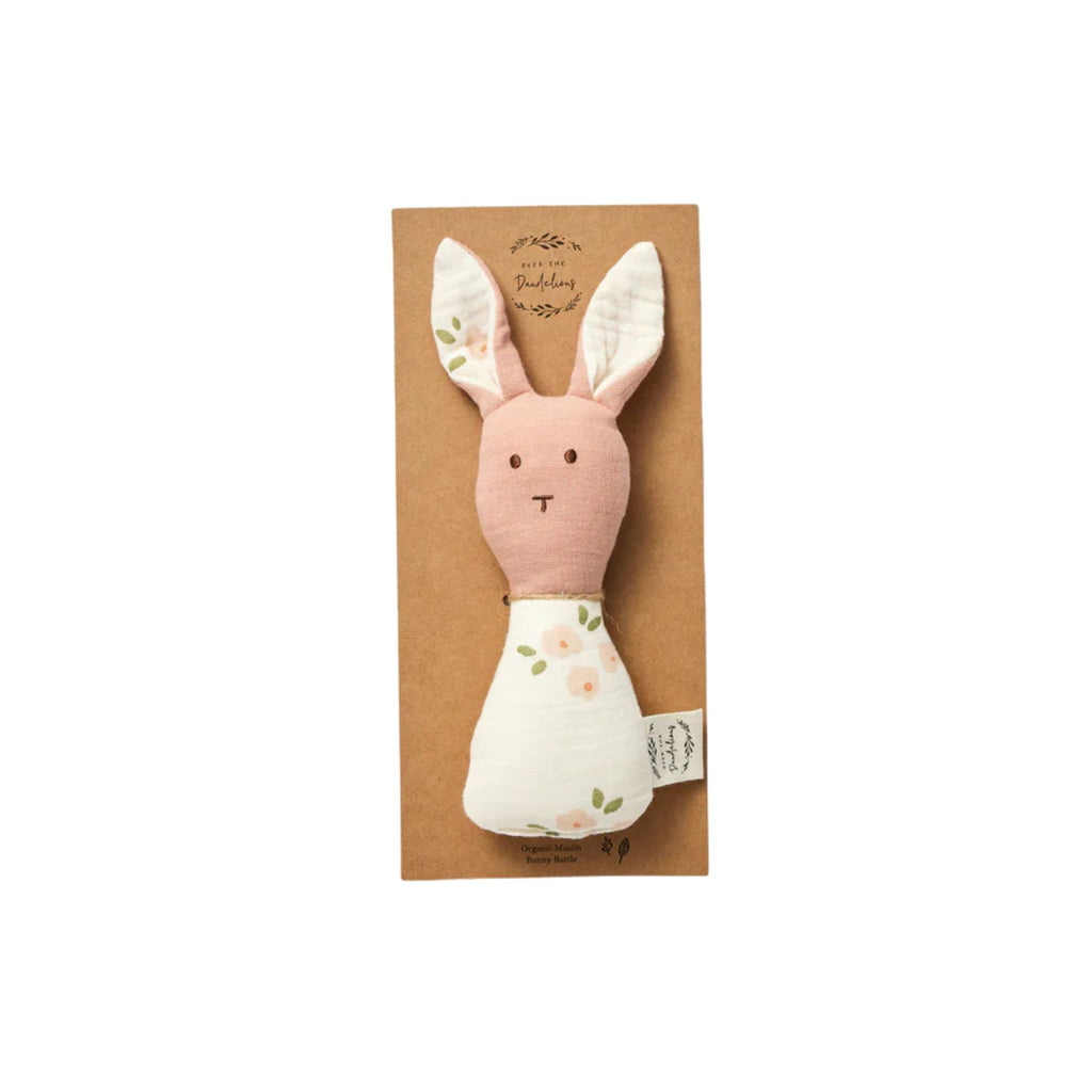 Organic Muslin Bunny Rattle Daisy + Pink by over the dandelions. Baby soft rattle with floral base and pink head