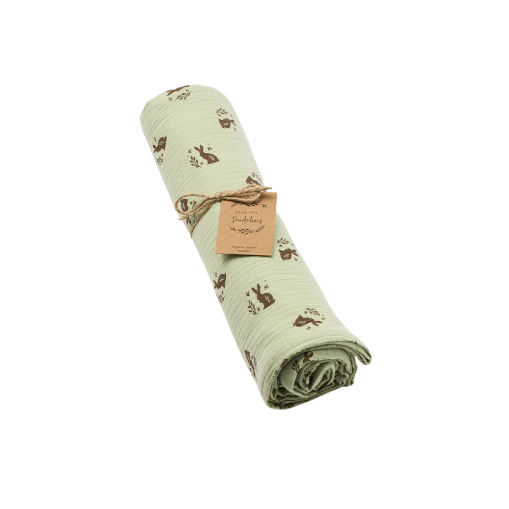 Organic muslin swaddle - Meadow print with printed bunnies on a green cotton fabric