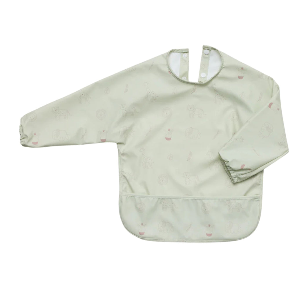 Waterproof Long Sleeve Bib - Safari print on a green base. Elasticated food catcher