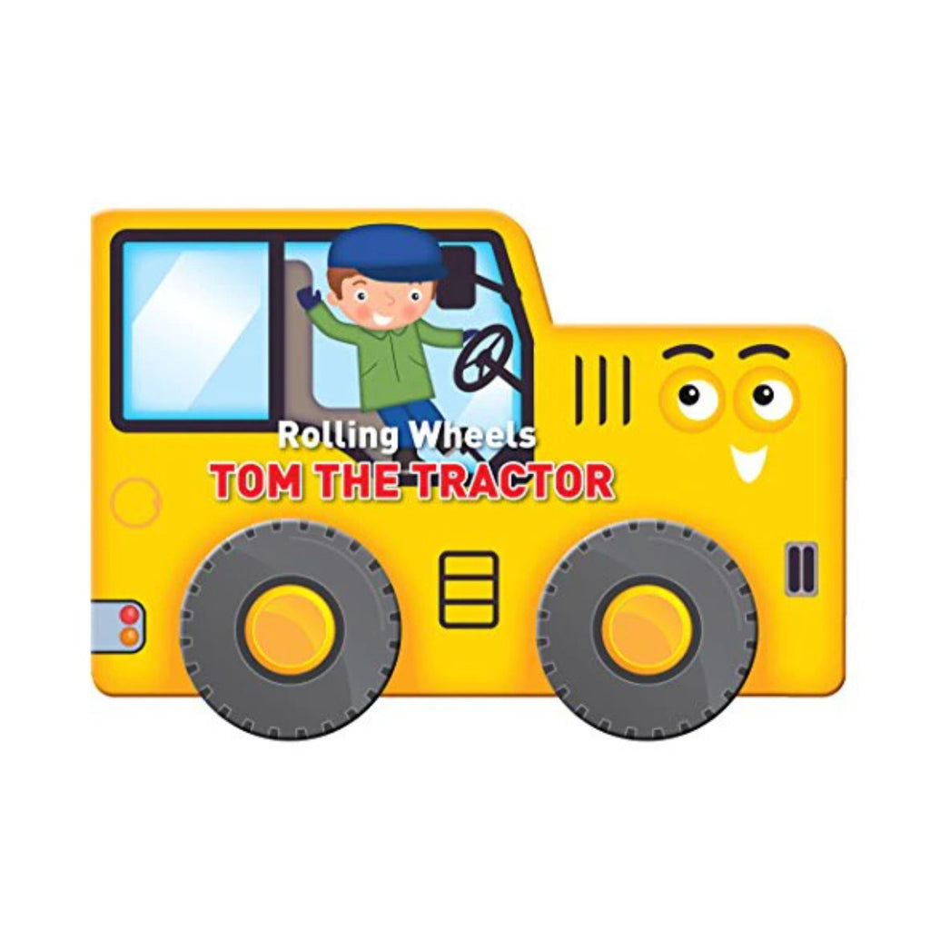 Rolling wheels tom the tractor board book in the shape of a yellow tractor