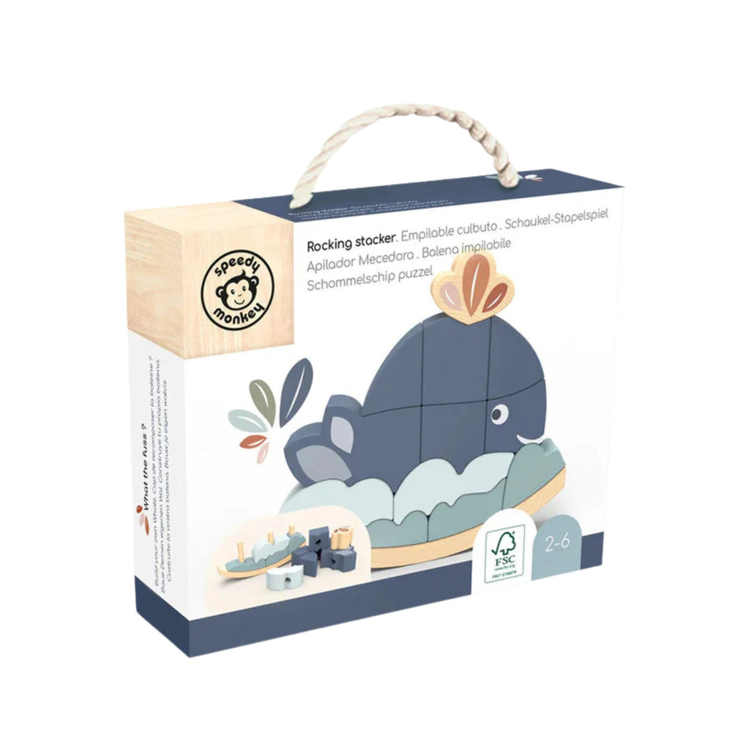 wooden whale rocking toy for babies. Image of the box with product image on the front against a white background