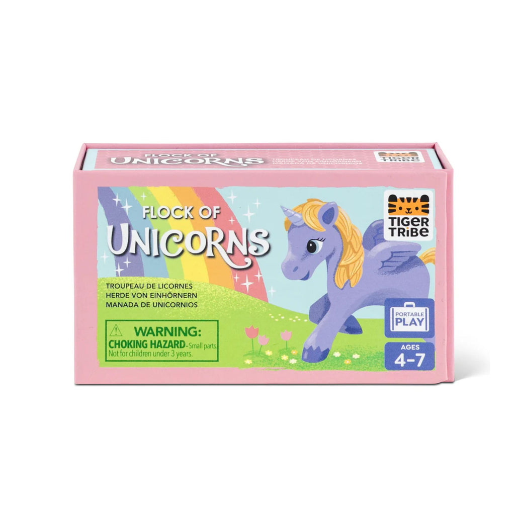 Pink box with a rainbow and purple unicorn on it stating "flock of unicorns"