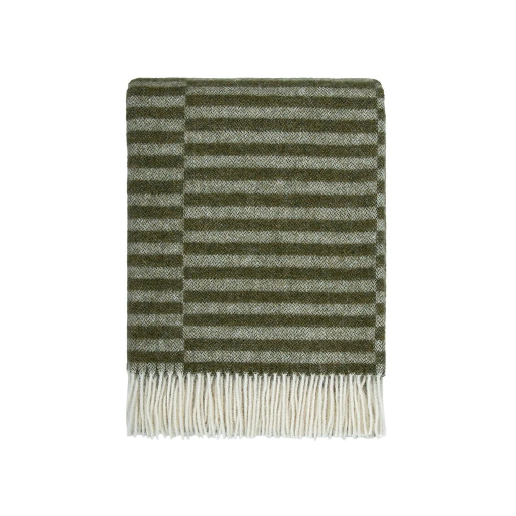 Striped green and white blanket with fringed edges on a white background