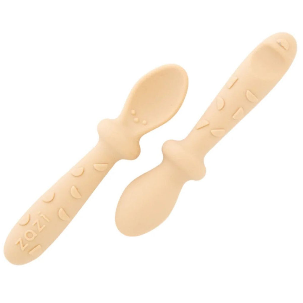 Two beige baby utensils with 'ZOZI' branding on a white background
