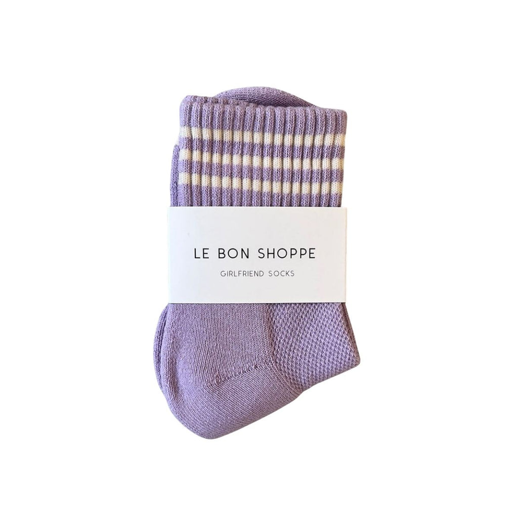 Purple socks with white stripes on a white background, featuring 'Le Bon Shoppe' label.