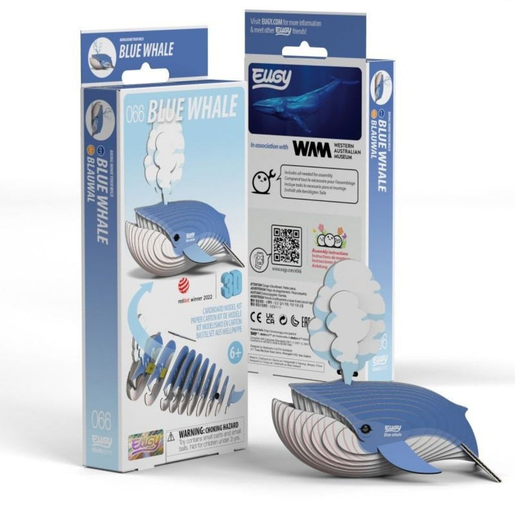 Blue Whale product packaging with whale model on a white background