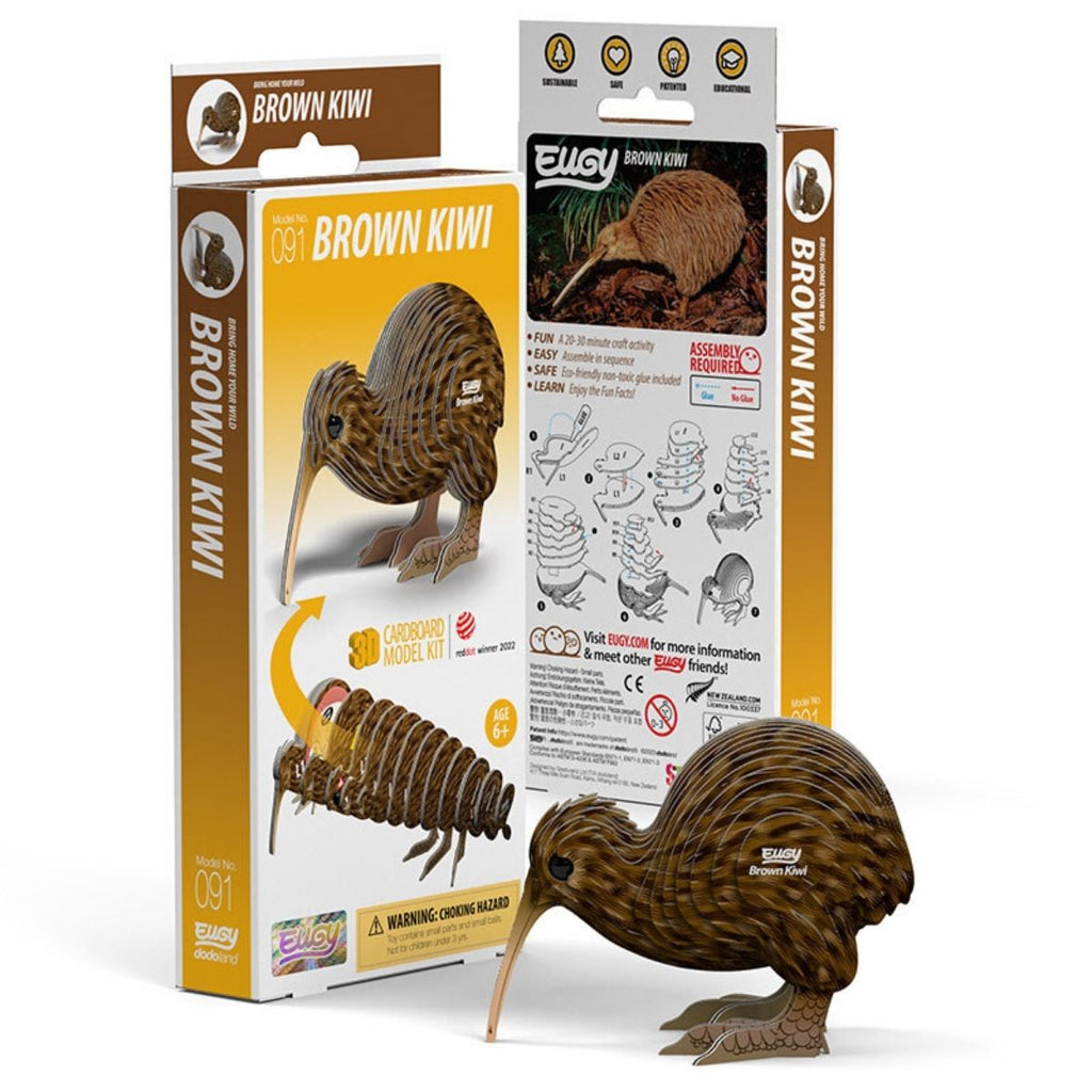 Brown kiwi model kit with packaging on a white background
