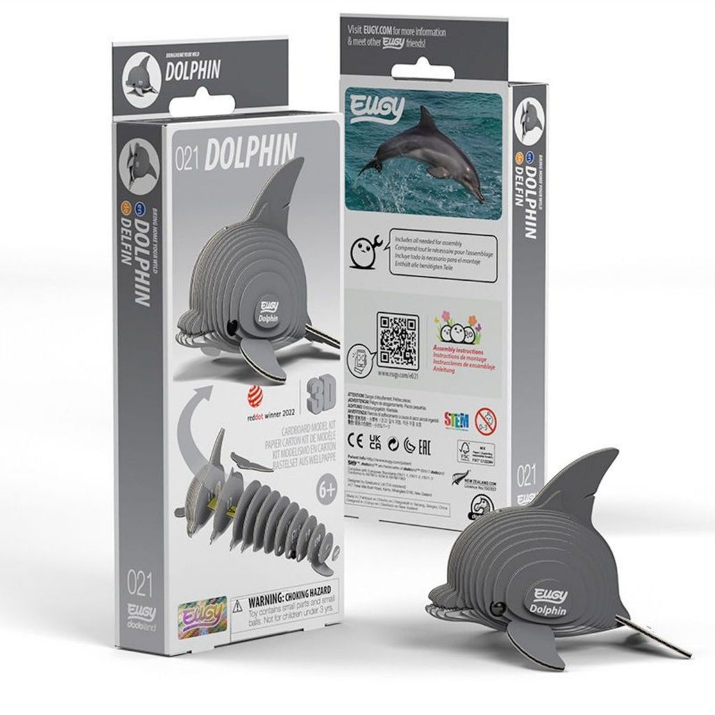 Gray dolphin-shaped product with packaging on a white background