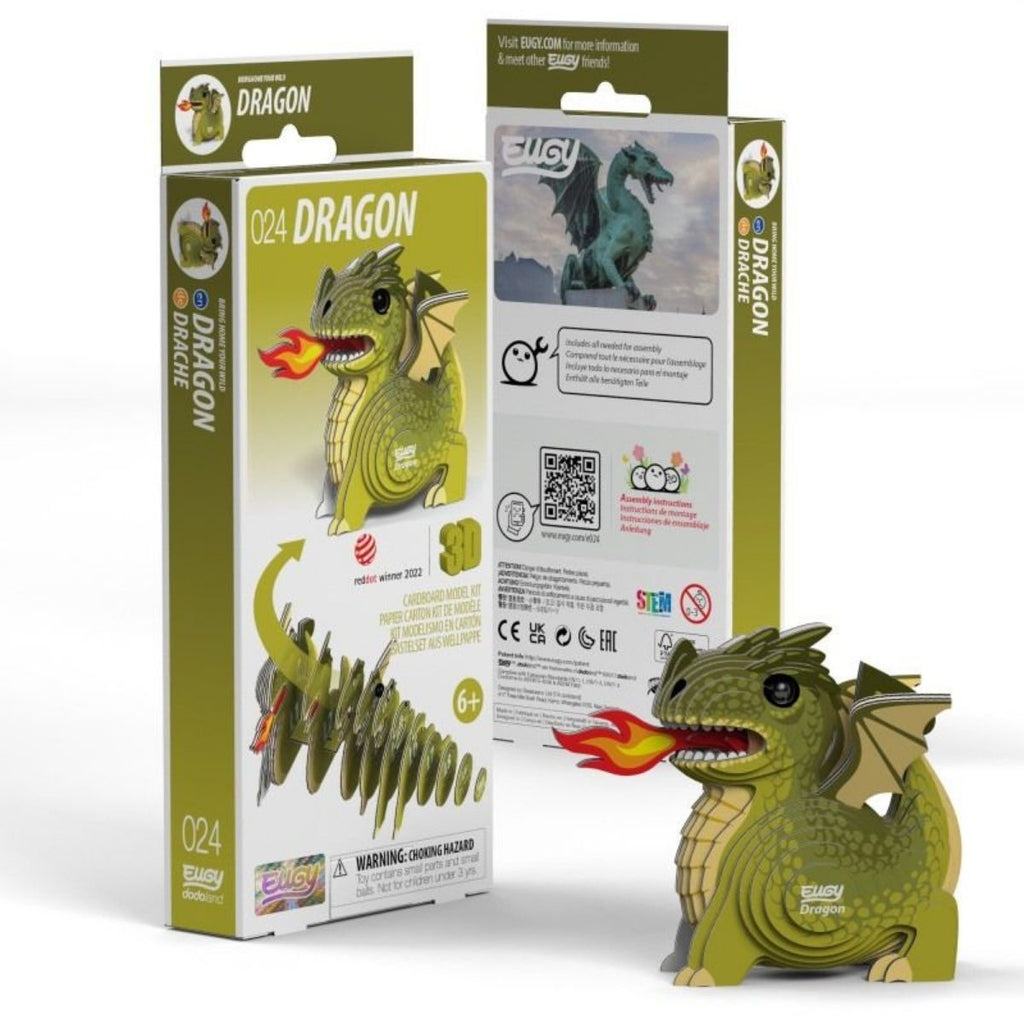 Green dragon toy with packaging on a white background